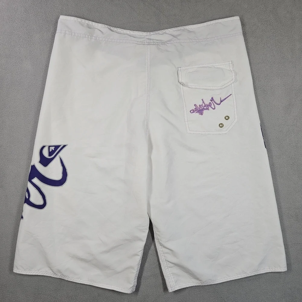 Vintage Quiksilver Board Shorts Mens Size 36 White Graphic Surf Swim Trunks Y2K